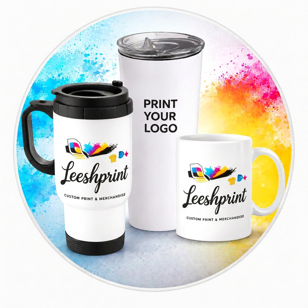 Branded mugs and travel mugs printed in the Leeshprint workshop