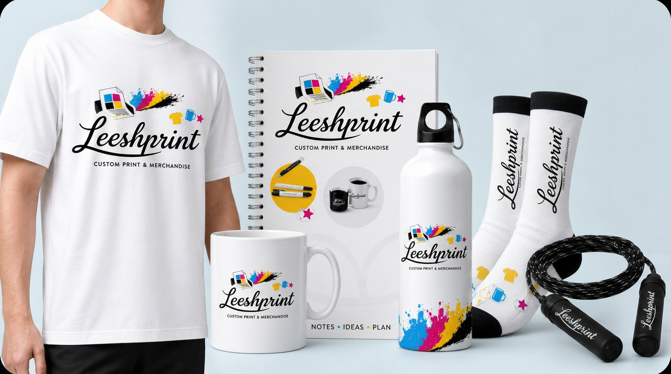 A custom-printed merchandise set produced by the Leeshprint studio