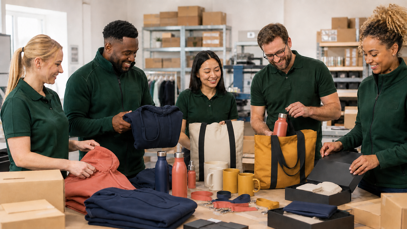Team members organising branded apparel, drinkware and promotional products for bulk printing